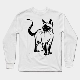 Stick figure of Siamese cat in black ink Long Sleeve T-Shirt